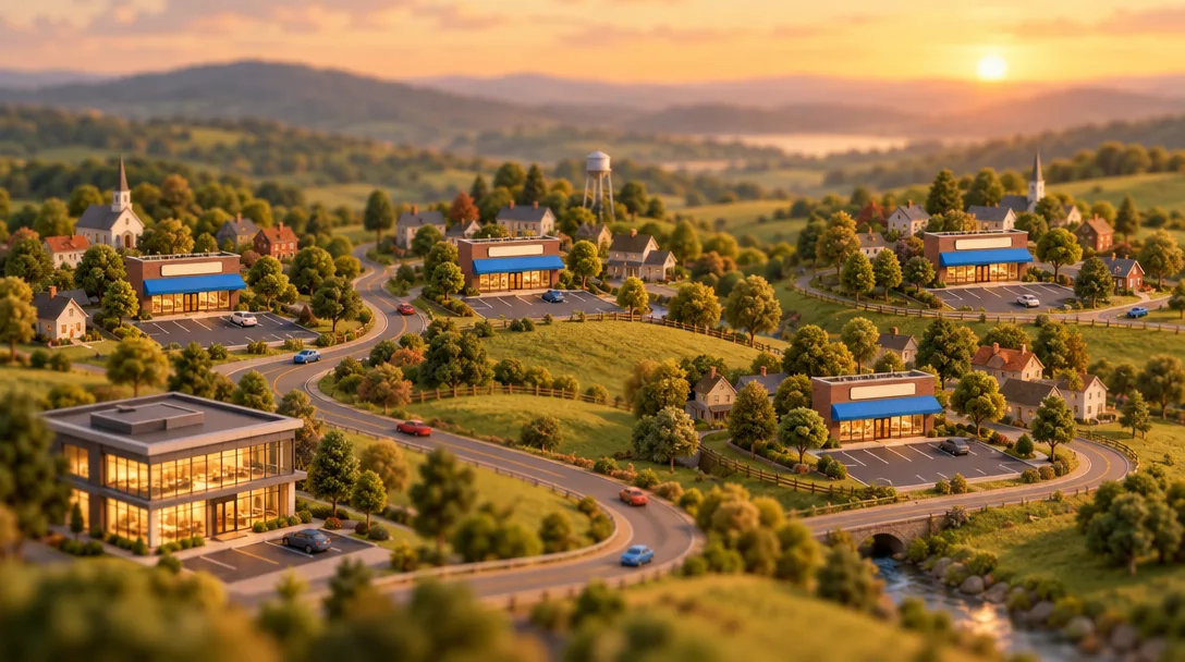 A miniature countryside at sunset: an agency office in the foreground and the same blue-awning storefront in four nearby towns.